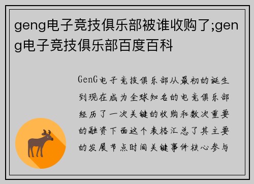 geng电子竞技俱乐部被谁收购了;geng电子竞技俱乐部百度百科